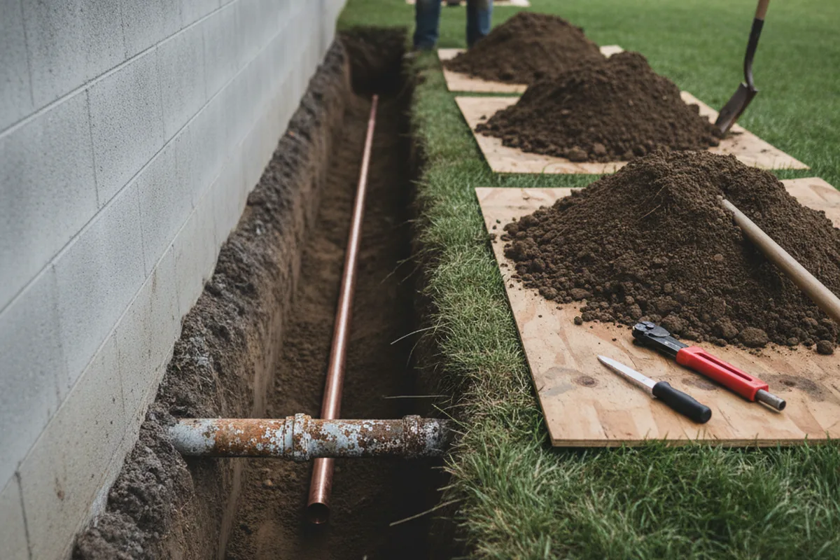 Excavated water line trench during Sewer Line Repair in Etta